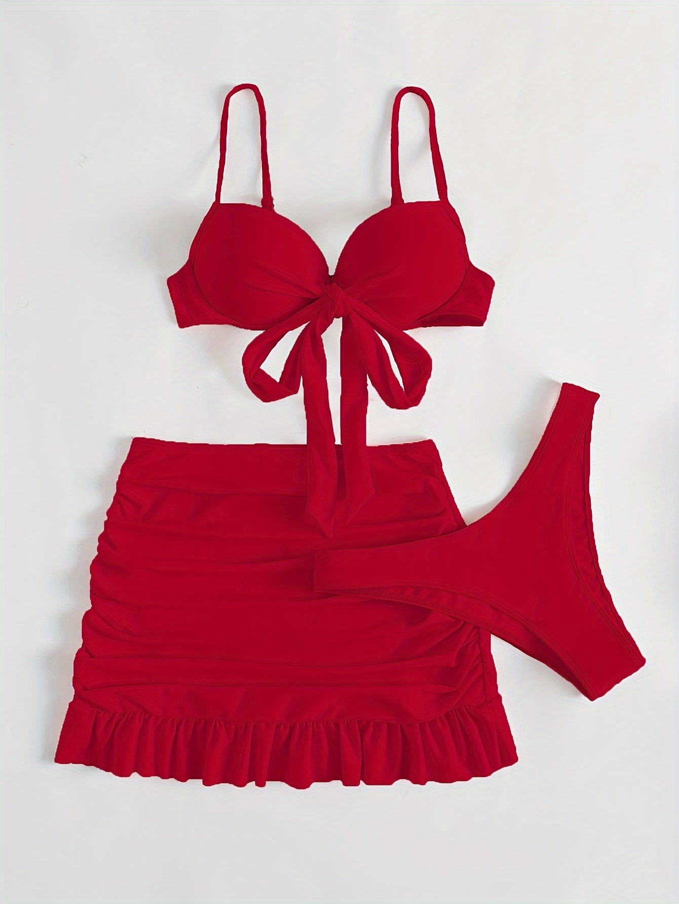 Three-Piece Beach Vacation Bikini Set - Stylish Tie-Front Top, Flirty Ruffle Hem Skirt, and Comfortable Swim Bottoms with Adjustable Straps, Perfect for Summer Getaways and Pool Parties