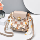 Mini Plaid Pattern Crossbody Bag, Studded & Chain Decor Flap Phone Purse, Faux Leather Shoulder Bag