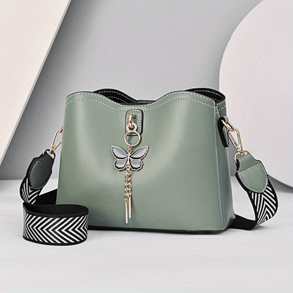 realaiot  Butterfly Decor Bucket Bag, Geometric Strap Crossbody Bag, Women's Faux Leather Shoulder Bag (9.1*7.1*4.3) Inch