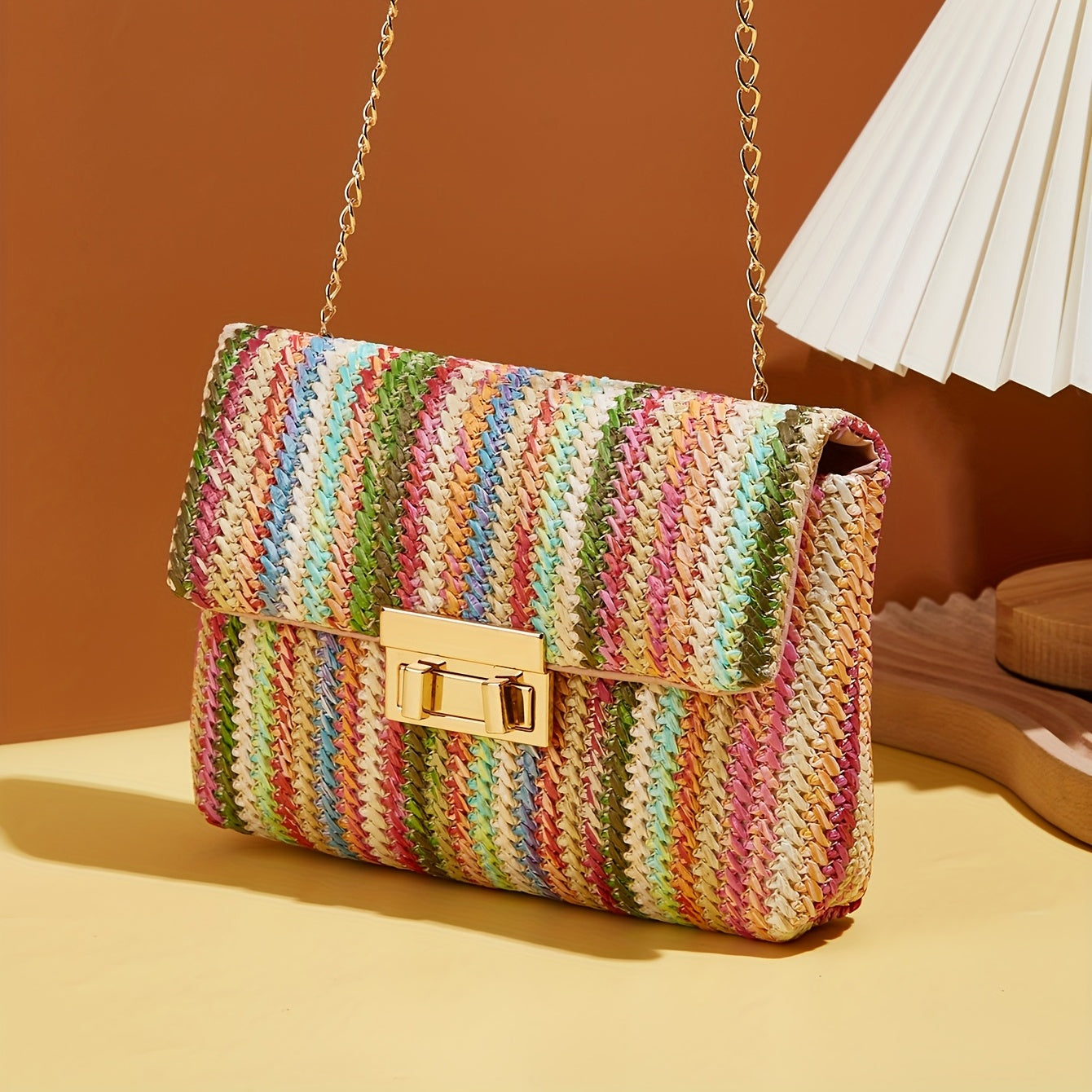 realaiot  Colorful Straw Woven Beach Bag, Fashion Chain Crossbody Bag, Women's Rainbow Design Square Purse