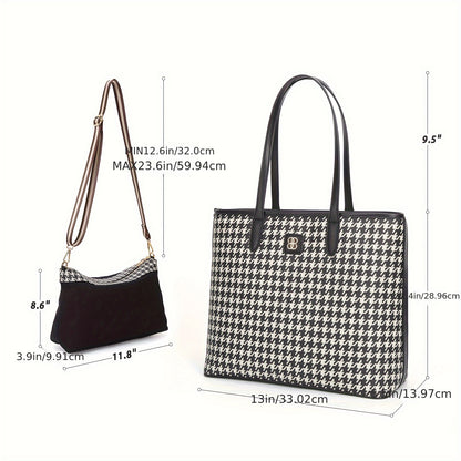 realaiot  Houndstooth Print Fashion Handbag Set, Large Capacity Top Handle Leather Shoulder Bag With Crossbody Purse, Commuter Bag