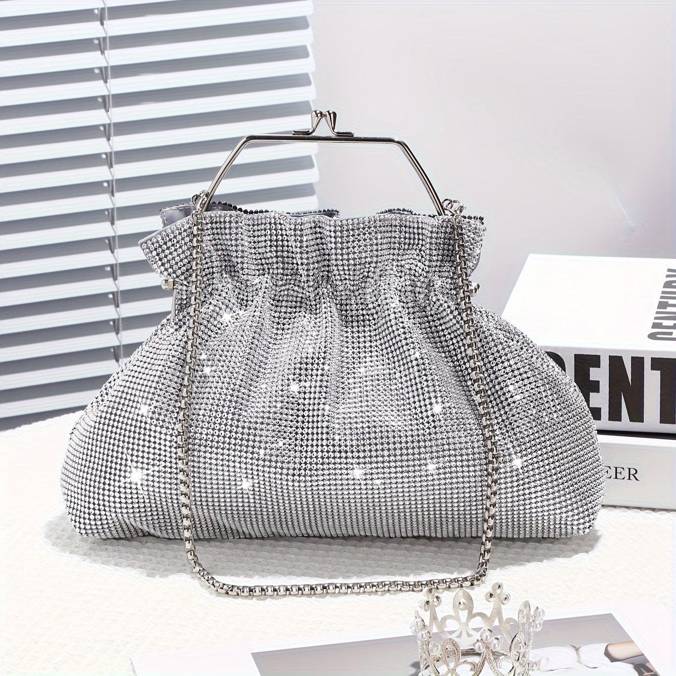 realaiot  Rhinestone Ruched Evening Bag, Luxury Bling-Bling Clutch Purse, Women's Dress Handbag For Wedding Party Prom Banquet