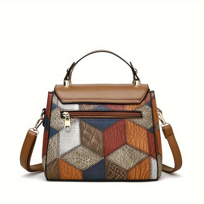 realaiot  Retro Geometric Pattern Handbag, Fashion Mini Crossbody Bag, Women's Buckle Decor Shoulder Purse