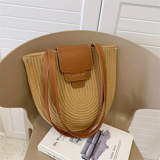 realaiot  Straw Woven Large Capacity Tote Bag, Lightweight Fashion Shoulder Bag, Exquisite Summer Beach Handbag