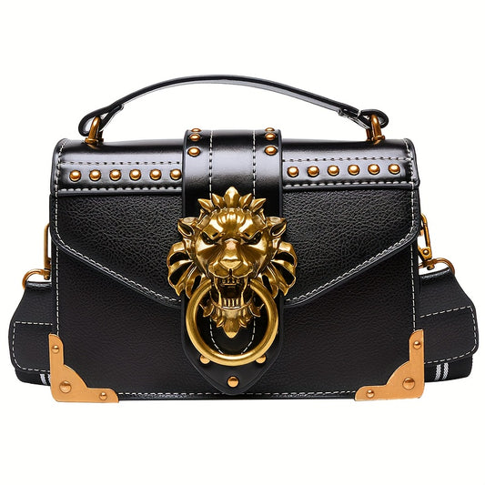 Mini Vintage Crossbody Bag, Metal Lion Head Shoulder Bag, Punk Style PU Leather Zipper Purse