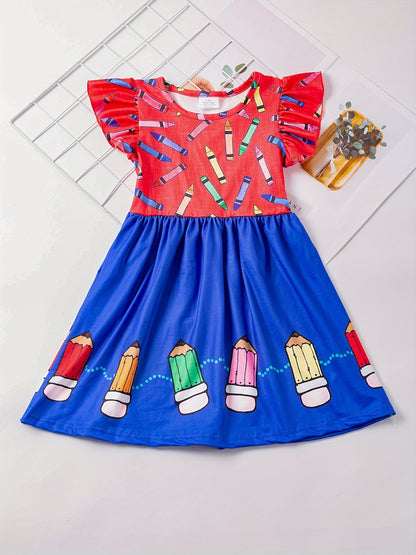 Toddler Girls Ruffle Trim Colorful Crayon Graphic Princess Dress For Back To School Season Party, Cute Kids Summer Clothes