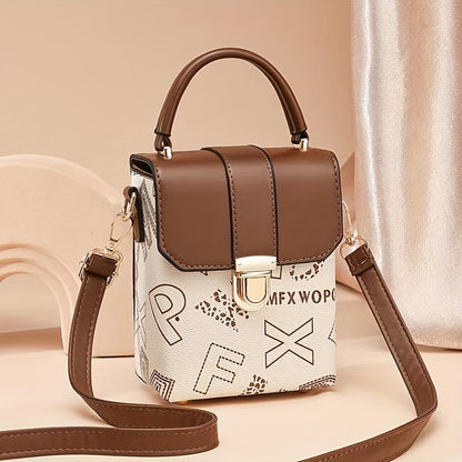 realaiot  Retro Mini Square Handbag, Letter Print Crossbody Bag, Women's Buckle Mobile Phone Bag