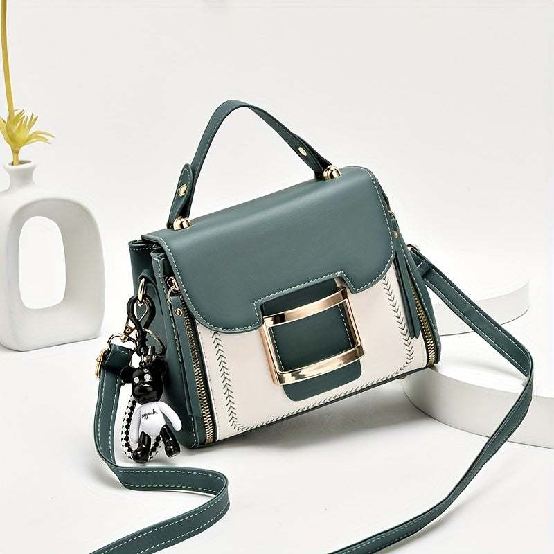 Fashion Color Contrast Handbag, Women's Buckle Decor Crossbody Bag, Elegant Top Handle Mini Square Purse