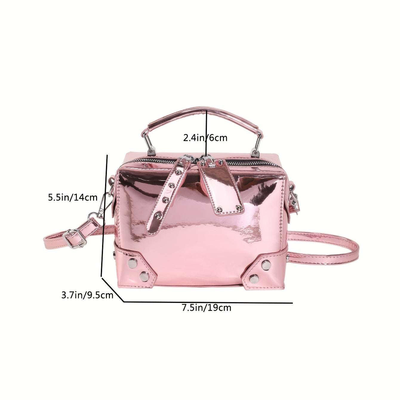 realaiot  Mini Metallic Color Crossbody Bag, Punk Style Rivet Handbag, Patent Leather Shoulder Bag For Street Wear