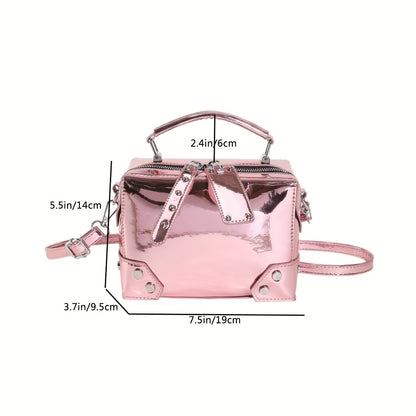 realaiot  Mini Metallic Color Crossbody Bag, Punk Style Rivet Handbag, Patent Leather Shoulder Bag For Street Wear