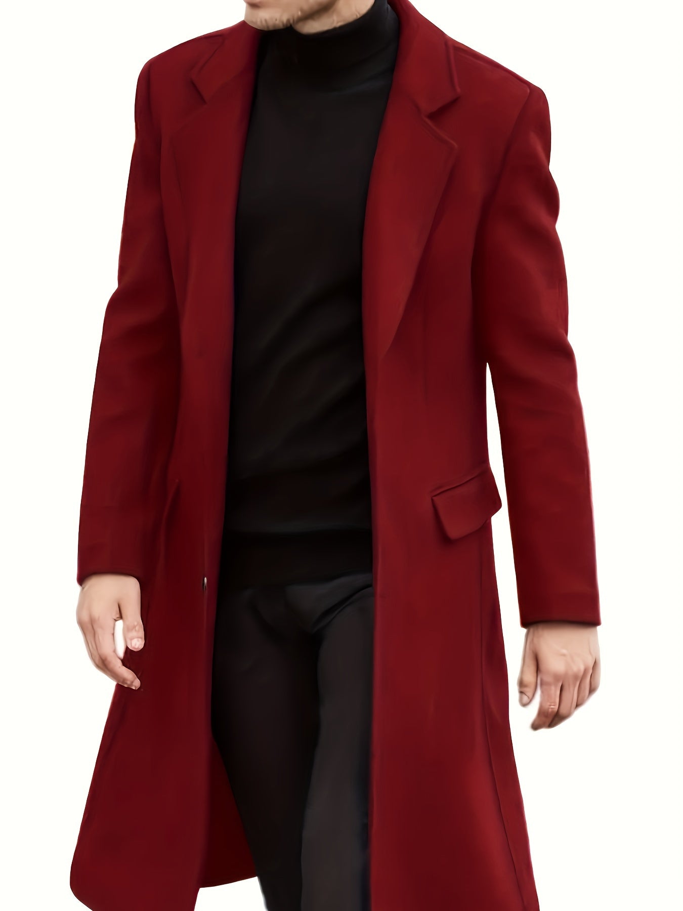 Men's Plus Size Fleece-Lined Trench Coat - Solid Color, Business Casual Style with Lapel Collar for Fall/Winter, PLUS SIZE