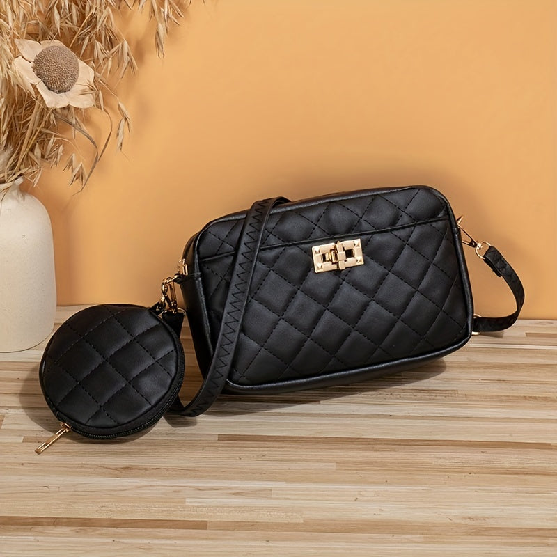 realaiot  Solid Color Quilted Bag, Fashionable Casual Shoulder Bag With Small Purse, Women's Stylish Versatile Handbag & Cosmetic Bag