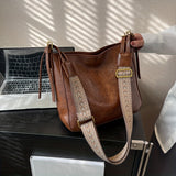 realaiot  Vintage Solid Color Crossbody Bag, With Retro Geometric Wide Strap Shoulder Bag For Women, Textured Handbag