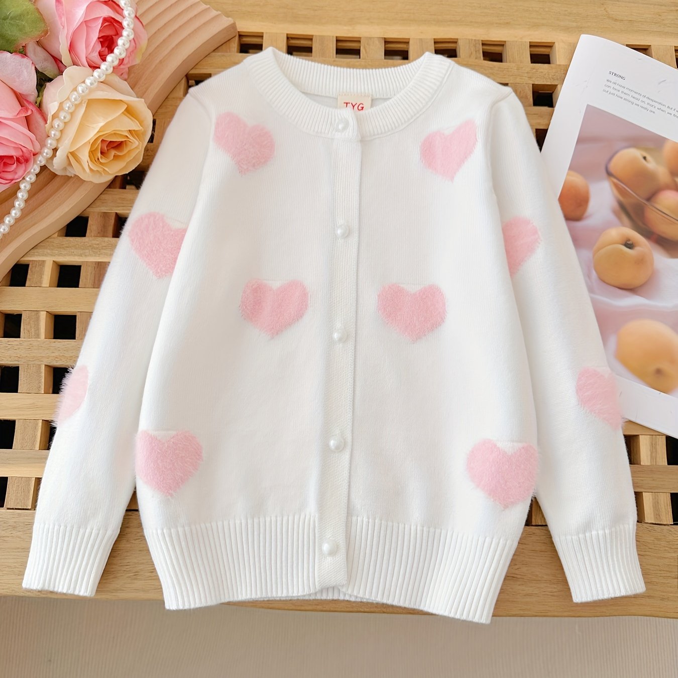 Toddler Girls Exquisite Knit Cardigan - Soft, Vibrant Red with Adorable White Heart Patterns, Classic Button-Front, Long Sleeves - Perfect for Spring and Autumn, Latest  Fashion Trend