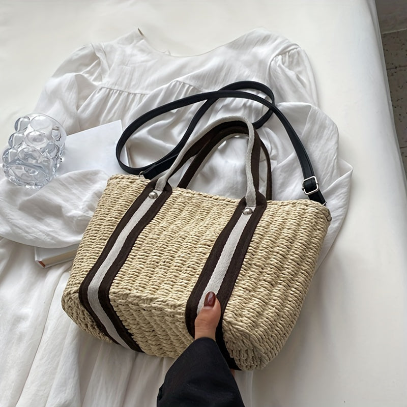 realaiot  Summer Beach Straw Shoulder Bag, Women's Woven Bucket Handbag, Bohemian Style Shoulder Bag