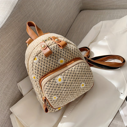 realaiot  Daisy Embroidery Small Backpack, Straw Woven Storage Daypack Summer Vacation Backpack