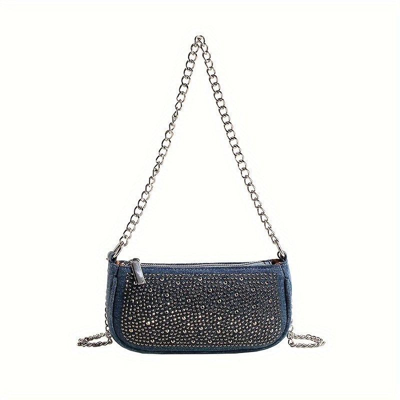 realaiot  Trendy Denim Shoulder Bag, Niche Design Chain Crossbody Bag, Luxury Rhinestone Party Purse For Women