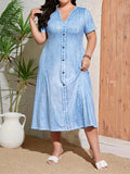 Plus Size All Over Print Faux Denim Dress, Casual Notch Neck Short Sleeve Dress, Women's Plus Size Clothing