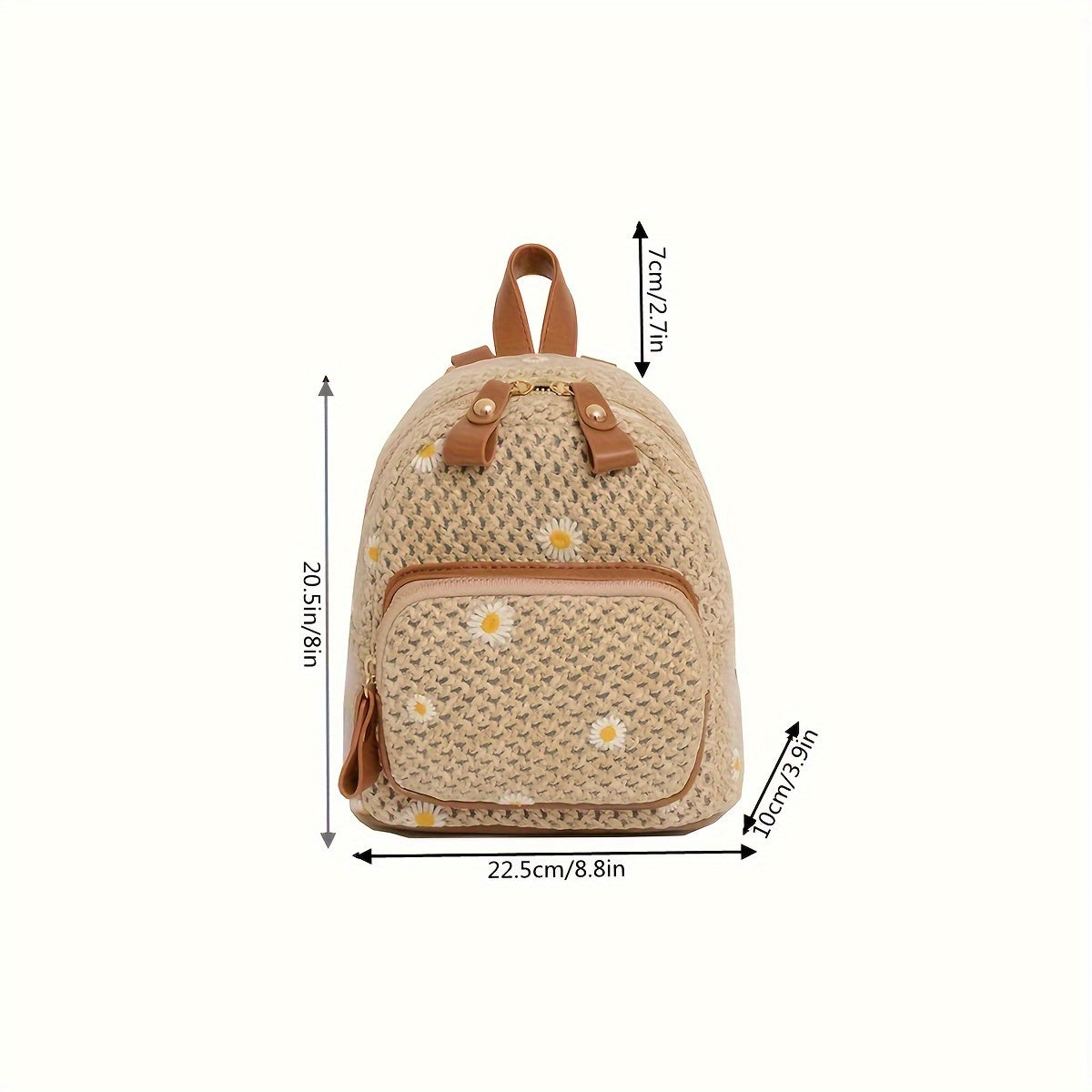 realaiot  Daisy Embroidery Small Backpack, Straw Woven Storage Daypack Summer Vacation Backpack