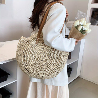 realaiot  Woven Straw Round Handbags, Hollow Out Summer Beach Bag, Women's Large Capacity Shoulder Bag