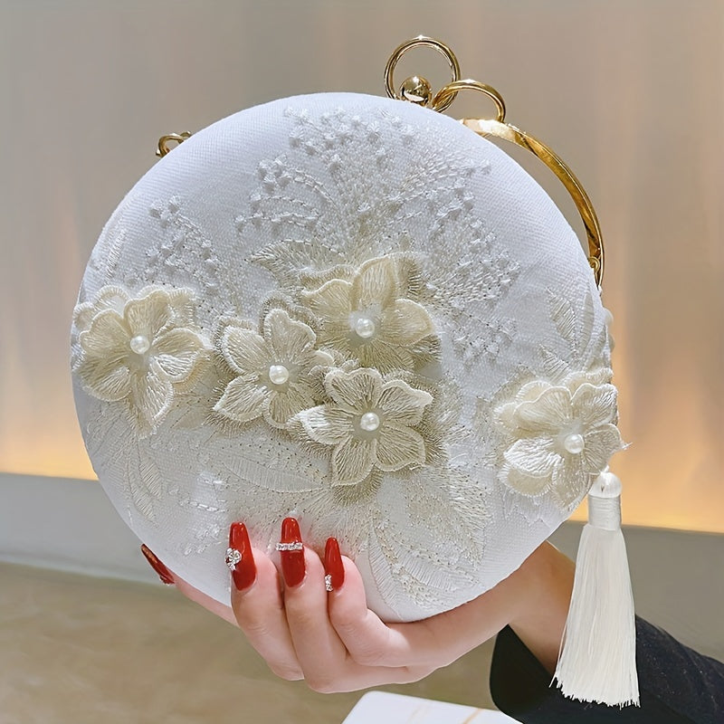 realaiot  Floral Embroidery Round Evening Bag, Clutch Wedding Purse For Women, Party Banquet Flower Bag Hanfu Accessories