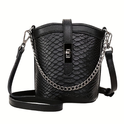 realaiot Mini Genuine Leather Bucket Bag, Crocodile Pattern Crossbody Bag, Fashion Chain Decor Purse For Every Day