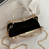 Elegant Mini Evening Satchel Bag, Top Metal Handle Banquet Bag, Classic Rhinestone Decor Clip Handbag