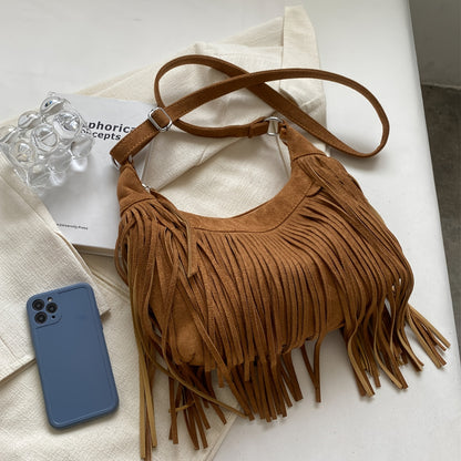 realaiot  Fringe Suede Crossbody Bag, Bohemian Style Shoulder Bag, Women's Holiday Bag For Travel