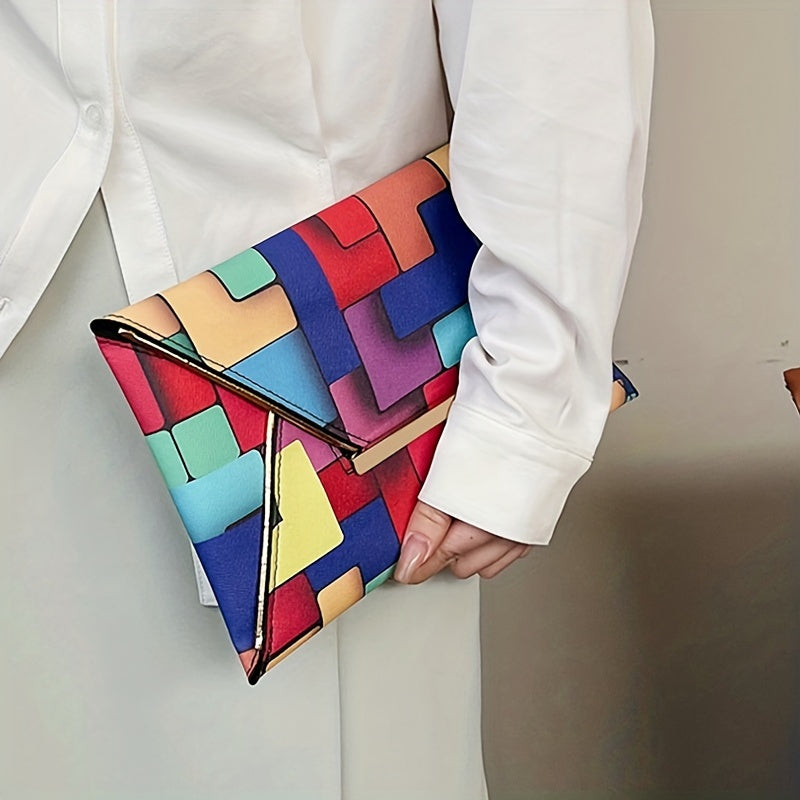 Trendy Colorblock Clutch Bag, Metal Decor Envelope Handbags, Fashion Square Purse For Women