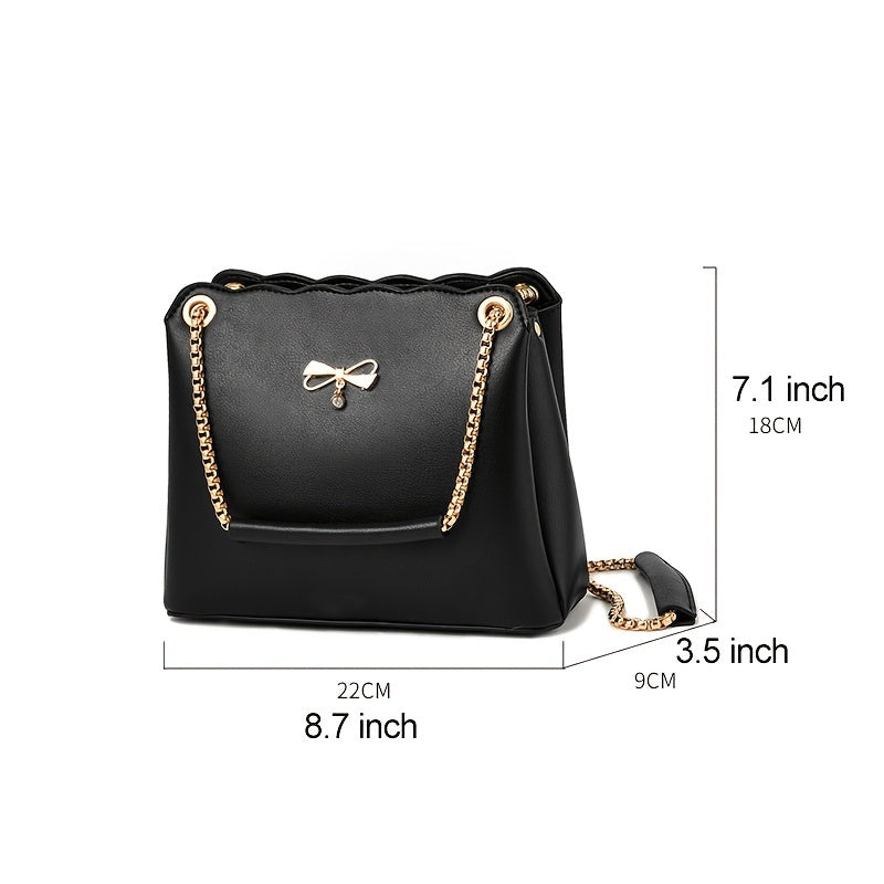 realaiot  Bow Decor Crossbody Bag, Women's Chain Strap Bucket Purse, Trendy PU Leather Shoulder Bag