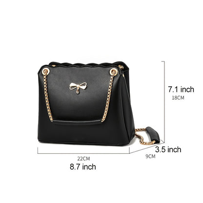 realaiot  Bow Decor Crossbody Bag, Women's Chain Strap Bucket Purse, Trendy PU Leather Shoulder Bag