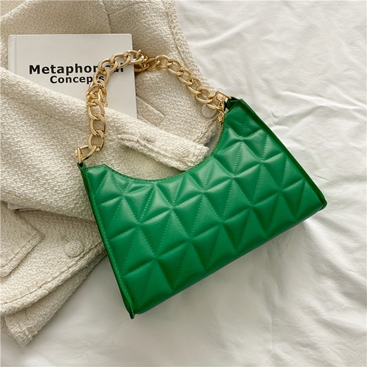 realaiot  Trendy Geometric Blocks Quilted Shoulder Bag, Solid Color Zipper Chain Handle Bag, Perfect Underarm Bag For Daily Use