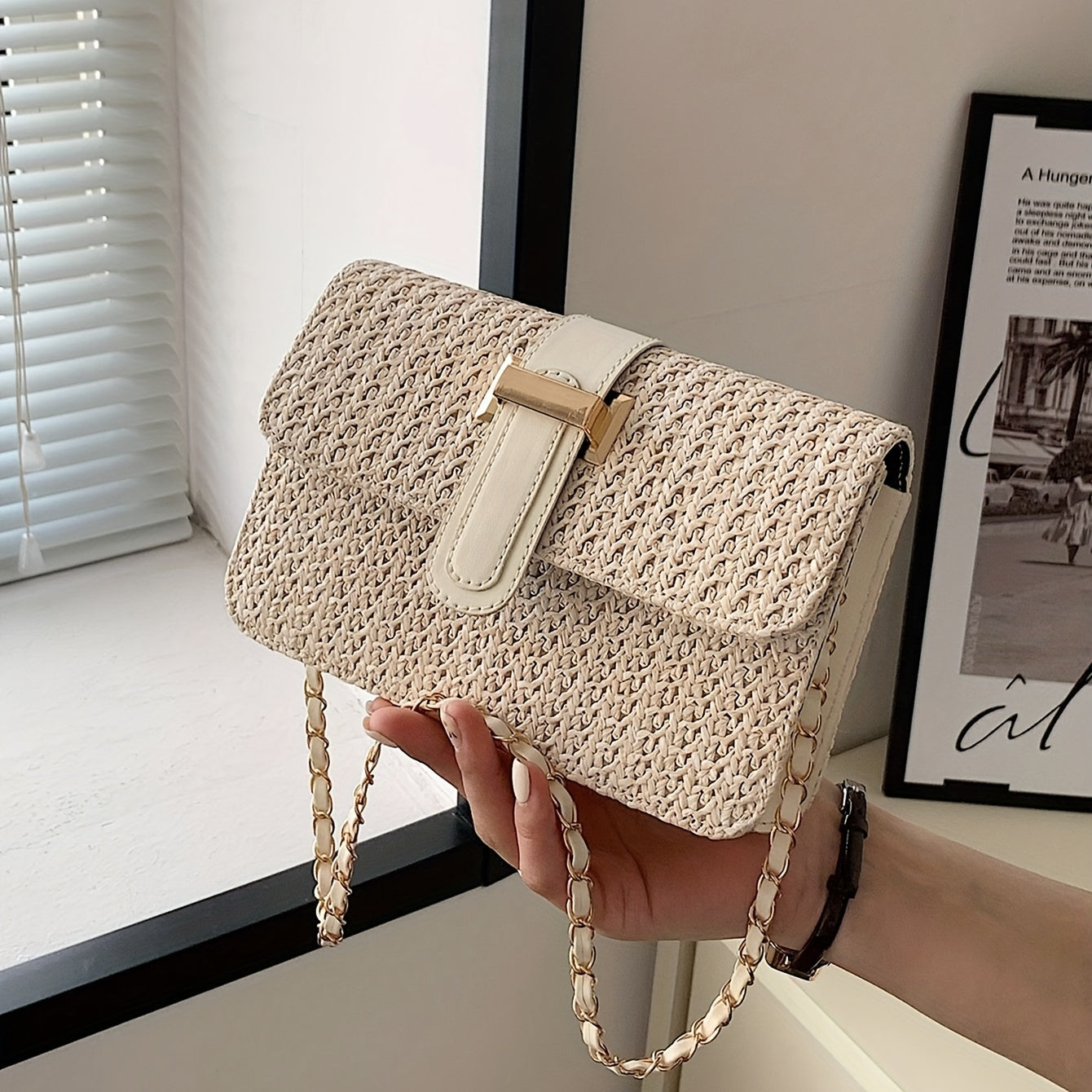 realaiot Straw Woven Flap Shoulder Bag, Simple Design Crossbody Bag, Versatile Casual Shoulder Bag