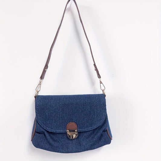 realaiot  Vintage Denim Shoulder Bag, Women's Buckle Decor Handbag, Fashion Flap Underarm Purse