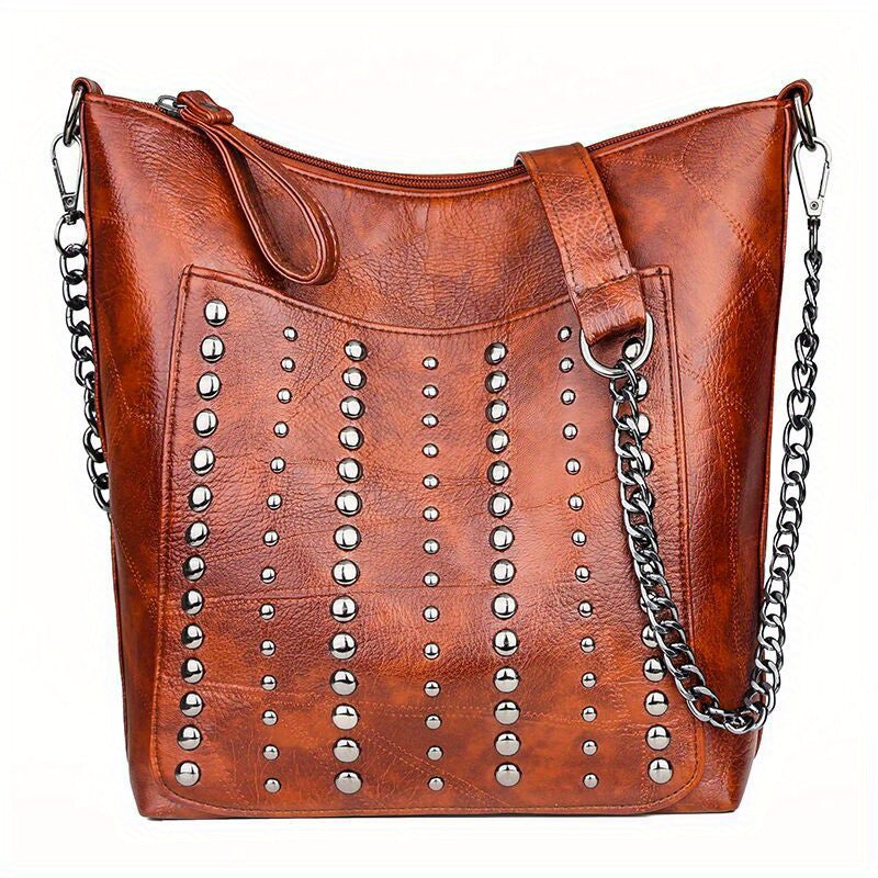Vintage Style Studded Versatile Shoulder Bag, Rivet PU Leather Stylish Shoulder Bag, Large Capacity Zipper Punk Style Trendy Crossbody Bag