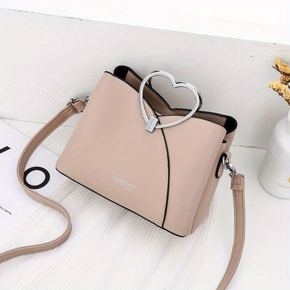 Metal Heart Shaped Handle Crossbody Bag, Solid Color PU Leather Textured Bag Purse, Classic Versatile Fashion Shoulder Bag