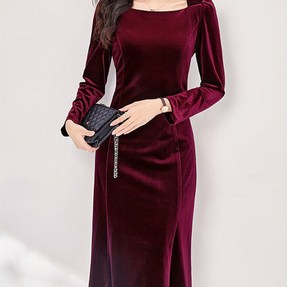 realaiot  Solid Square Neck Slim Dress, Elegant Long Sleeve Ruffle Hem Velvet Dress For Spring & Fall, Women's Clothing