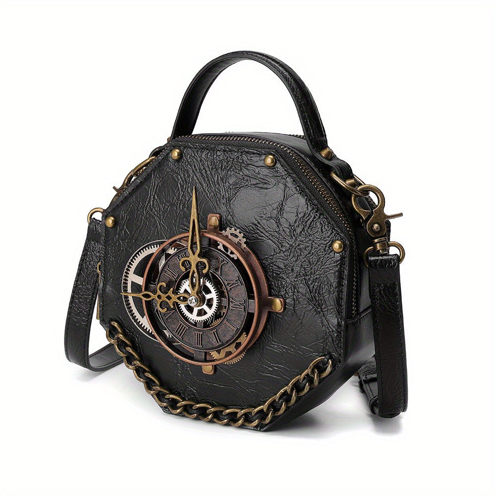 realaiot  Vintage Clock Design Punk Shoulder Bag, Retro Zipper Satchel Bag, Halloween Party Round Purse