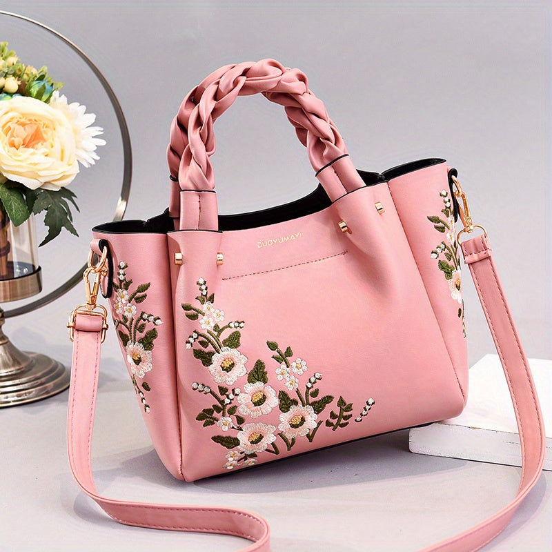 realaiot  Classic Flower Embroidered Tote Bag, Elegant Satchel Bag With Twisted Strap, All-Match Bag For Work