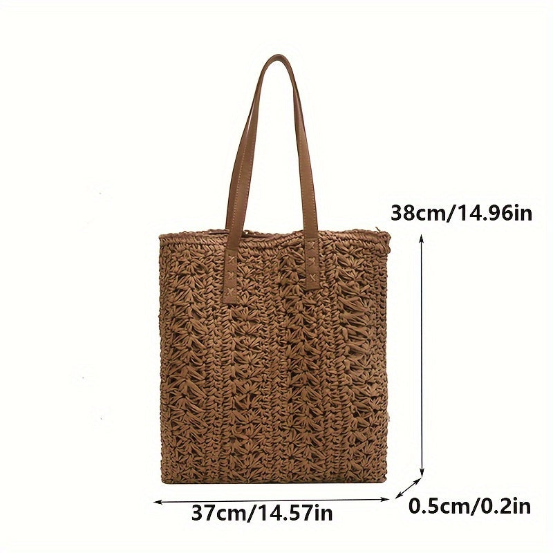 realaiot  Summer Fashion Straw Woven Underarm & Shoulder Bag For Women, Casual Large Capacity Bohemian Beach Handbag