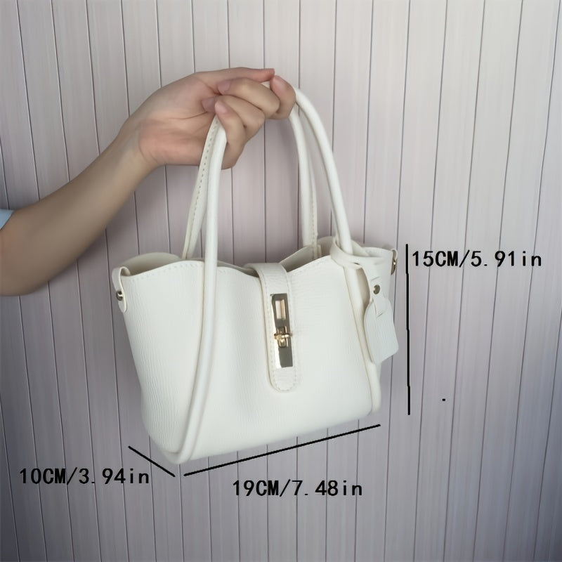 realaiot  Elegant Mini Top Handle Satchel Bag, Flap Turn-Lock Handbag For Women, Solid Color Textured Shopping Bag