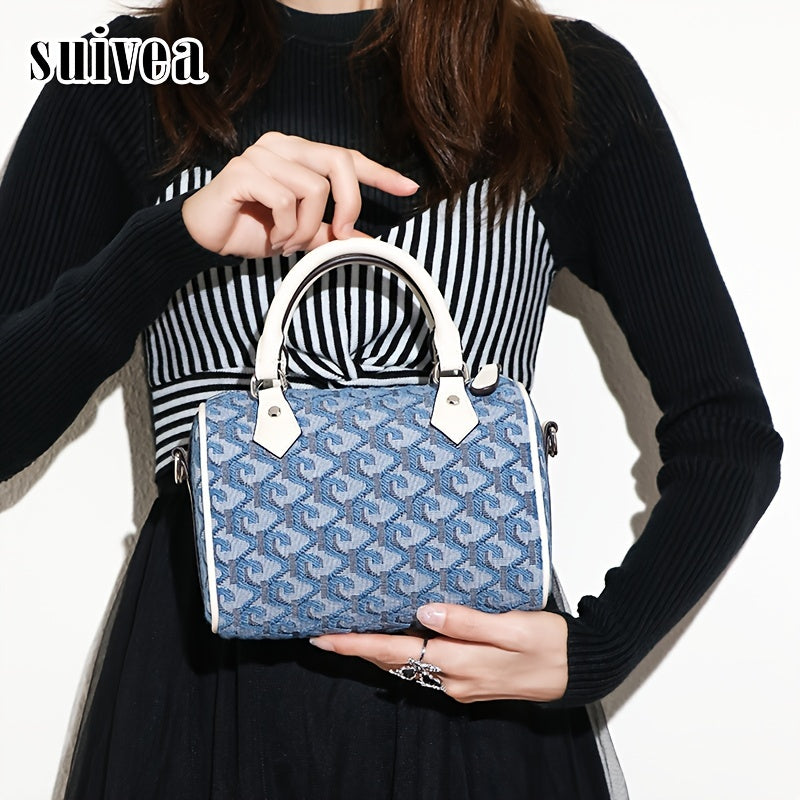 Western Style Blue Geometric Pattern Boston Handbag, Classic Versatile Zipper Satchel Bag For Women