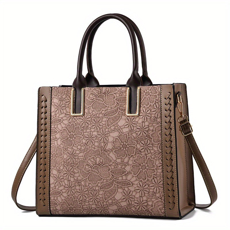 Floral Embossed Tote Bag, Trendy Zipper Crossbody Bag, Large Capacity Messenger Bag