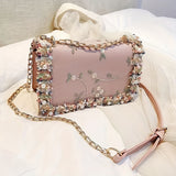 Fashion Lace & Bead Decor Bag, Flower Embroidered Square Shoulder Bag, Trendy Crossbody Bag For Women