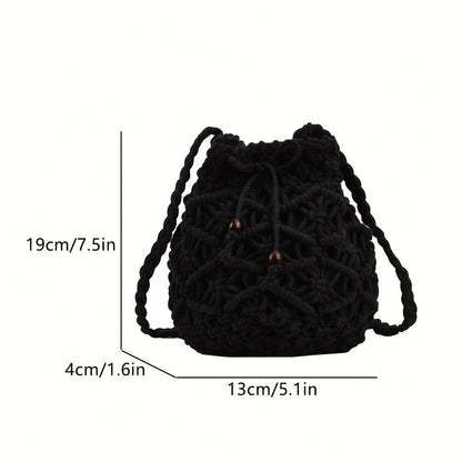 Handmade Woven Bucket Bag, Retro Drawstring Crossbody Bag, Hollow Mini Shoulder Bag For Women