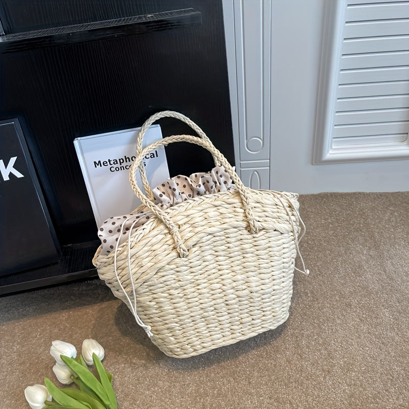 Woven Straw Tote Bag For Women, Seaside Vacation Beach Bag, Paper Straw Vegetable Basket Bag For Women