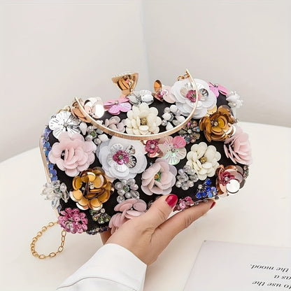 realaiot  3D Flower Evening Bag, Elegant Chain Clutch Purse, Women's Dress Handbag For Wedding Party Prom Banquet