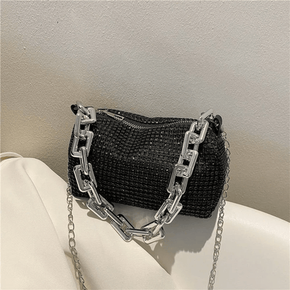 realaiot  Allover Rhinestone Bucket Bag, Glitter Chain Prom Purse, Women's Mini Crossbody Bag (6.3*3.54) Inch