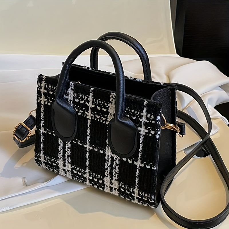 realaiotFashion Plaid Pattern Handbag, Luxury Mini Crossbody Bag, Elegant Top Handle Square Purse