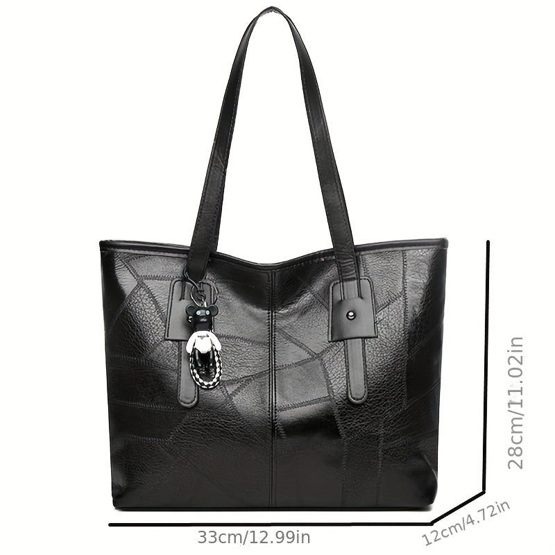 realaiot  Vintage Stitching Patchwork Tote Bag, Large Capacity Shoulder Bag, Women's PU Leather Handbag